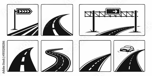 A collection of various road signs and traffic symbols for navigation and safety.