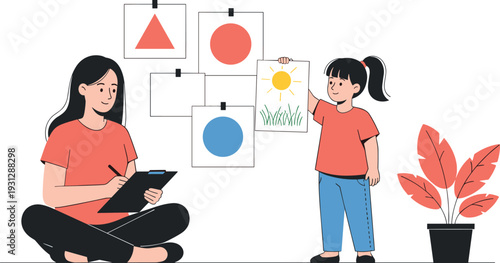 Homeschooling and child education concept with mother and daughter learning shapes drawing and creative activity vector illustration