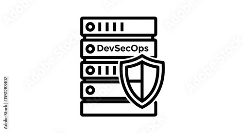 Server Security Illustration Featuring Shield Protection Icon and DevSecOps Symbol on Server Racks from a Front View