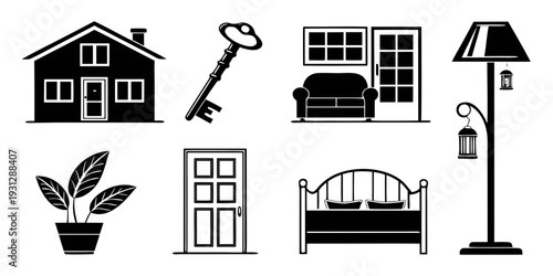 A collection of various home and furniture icons in a simple black and white design.