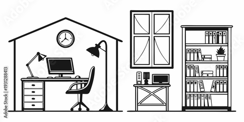 A cozy home office setup with a desk, chair, computer, and bookshelf