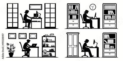 A series of illustrations depicting various activities people do at home during the day.