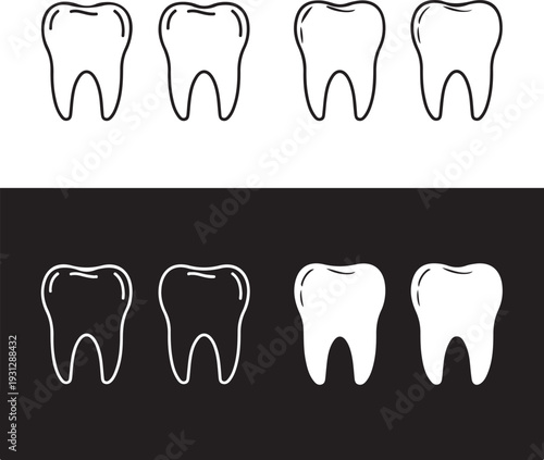 Four black outline teeth on white background and four white teeth on black background tooth dental dentistry