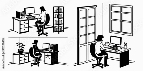 Four people working in an open-plan office with computers and books