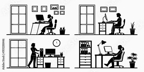 Illustration of people working in various office environments and settings