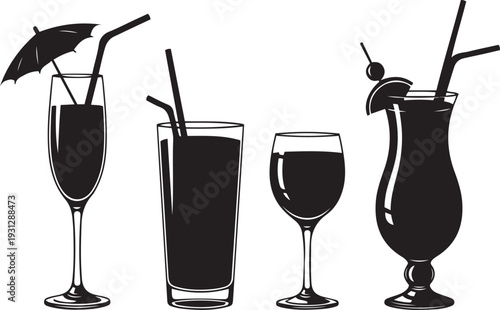 Four black silhouette cocktail glasses with straws and garnishes on white background drink beverage