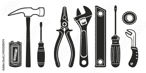 A collection of various tools including a hammer, pliers, and wrench.