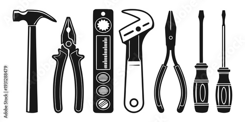 A collection of various tools, including hammers, pliers, and screwdrivers, displayed in a row.