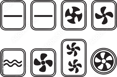 Set of eight black and white depicting fans and water waves propeller blades airflow ventilation