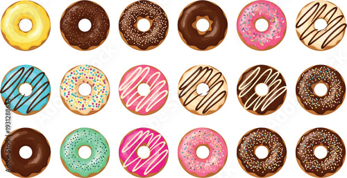 Colorful glazed donuts collection with chocolate strawberry sprinkles icing bakery dessert vector illustration set