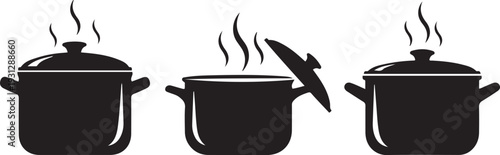 Three black cooking pots with steam rising from lids one pot lid is ajar kitchen food