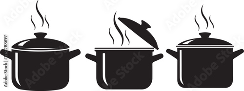 Three black cooking pots with steam rising one lid ajar saucepan kitchenware cookware