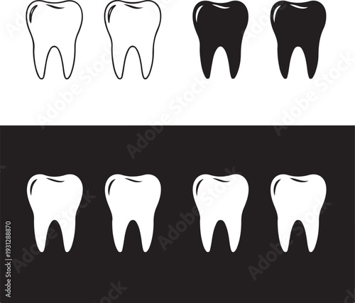 Two rows of tooth one with outlines on white and one solid on black teeth dental dentistry symbol