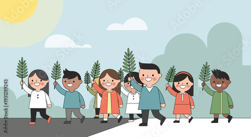 A delightful flat design illustration depicting children happily participating in a Palm Sunday procession, each holding a small palm branch. 