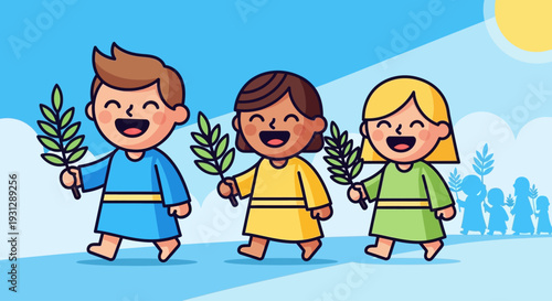 A delightful flat design illustration depicting children happily participating in a Palm Sunday procession, each holding a small palm branch. 