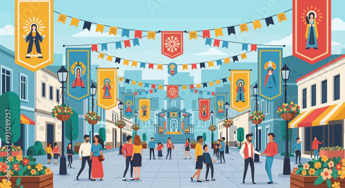 A cheerful flat design illustration of a town square adorned with banners and flowers, signaling the commencement of Semana Santa celebrations. 