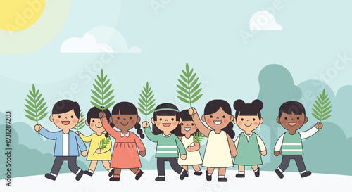A delightful flat design illustration depicting children happily participating in a Palm Sunday procession, each holding a small palm branch. 