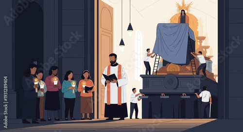 A detailed flat design illustration showcasing the meticulous preparation of a Holy Week float, or paso, as it's being unveiled for opening events. 