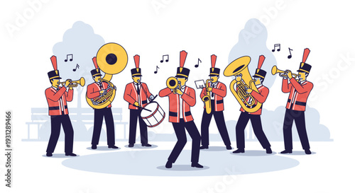 A dynamic flat design illustration of a brass band rehearsing for a Semana Santa procession, capturing the energetic preparations for the opening events. 