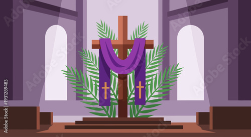 A symbolic flat design illustration featuring a cross adorned with a purple stole and palm branches, representing the solemn opening of Holy Week. 