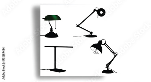 A set of four desk lamps on a white background