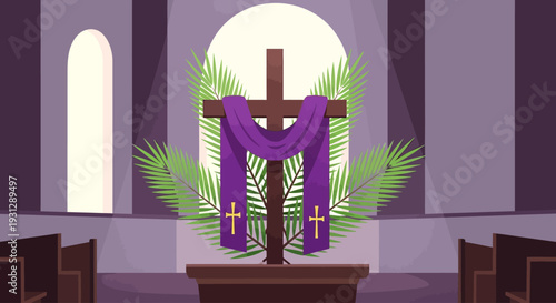A symbolic flat design illustration featuring a cross adorned with a purple stole and palm branches, representing the solemn opening of Holy Week. 