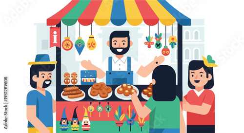 A lively flat design illustration of a street vendor selling traditional sweets and crafts during the festive opening events of Semana Santa. 