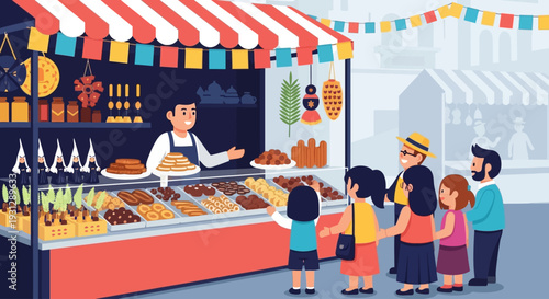 A lively flat design illustration of a street vendor selling traditional sweets and crafts during the festive opening events of Semana Santa. 