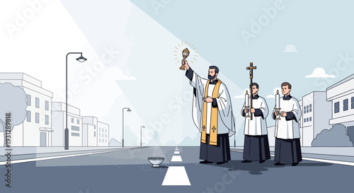 A profound flat design illustration of a priest blessing the empty processional route with holy water, signifying the sacred preparations for Semana Santa opening events. 