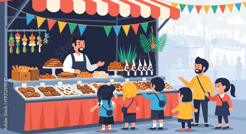 A lively flat design illustration of a street vendor selling traditional sweets and crafts during the festive opening events of Semana Santa. 