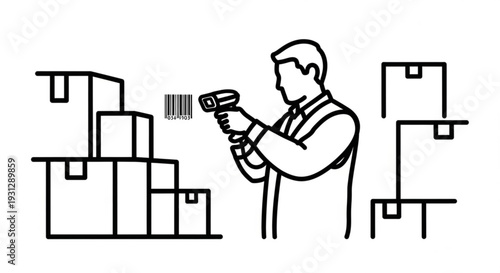 Warehouse worker scanning boxes with barcode scanner in storage facility