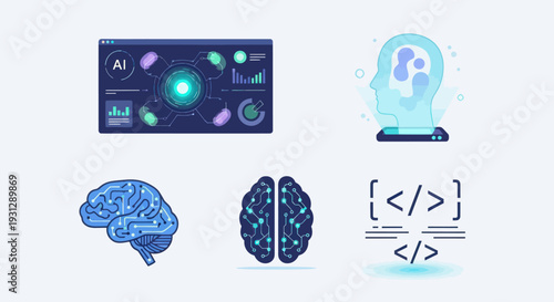 Vector icon set of artificial intelligence digital brain coding and technology dashboard.