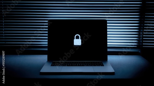 Laptop Screen Displaying Pixelated Padlock Symbol in Dark Room with Blinds Privacy and Security Concept