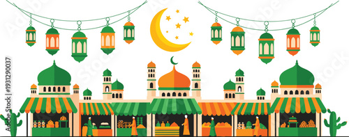 Traditional Islamic Souq and Mosque Illustration Featuring Festive Lanterns Crescent Moon and Middle Eastern Market Stalls for Ramadan and Eid Design