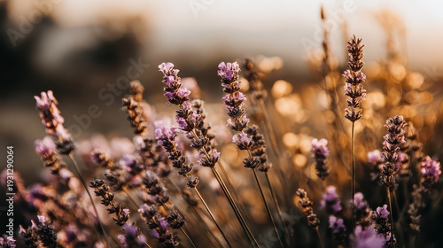 Lavender Plants with Purple Flowers in Golden Hour Light with Blurred Background