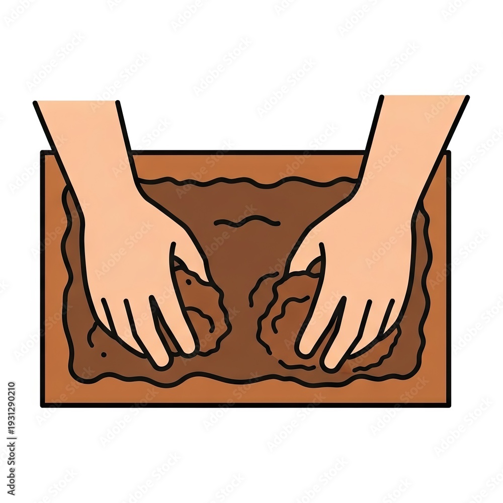 Fototapeta premium Hands Kneading Brown Clay Inside Wooden Container in Top View Illustration