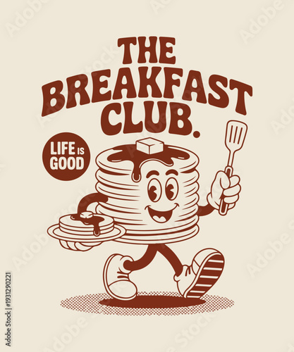 Vintage Cartoon Pancake Character with Spatula and Plate of Pancakes Vector