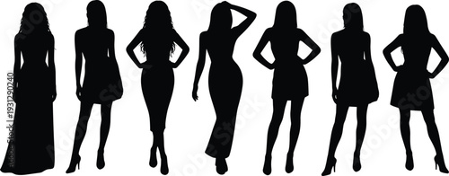 Elegant women silhouette collection, fashion female figures in stylish dresses isolated black flat vector illustration design