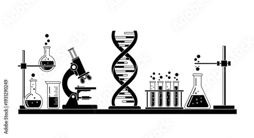 Scientific laboratory equipment and DNA double helix model on a table viewed from the front