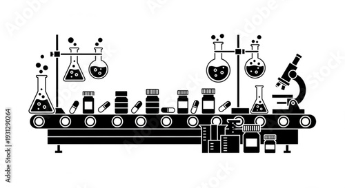 Laboratory equipment and microscopes on workstations for scientific research and experimentation in a modern lab setting viewed from the side