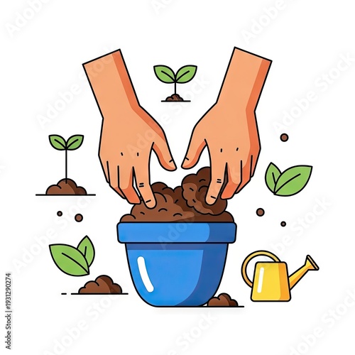 Hands Planting In Soil With Green Sprouts And Watering Can On White Background