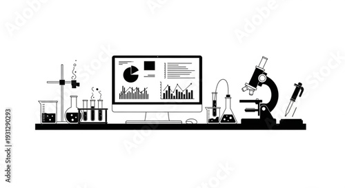 Scientific laboratory equipment and computer screen displaying graphs and data viewed from the front in a research setting