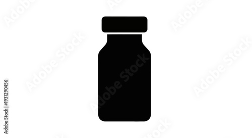 Minimalist black silhouette icon of a medical vial, representing pharmaceutical liquid storage, scientific laboratory experimentation, or essential healthcare treatment, isolated on white background