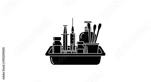 Essential medical supplies and instruments artfully arranged in a tray, presented as a clean, minimalist black silhouette icon for healthcare and laboratory themes
