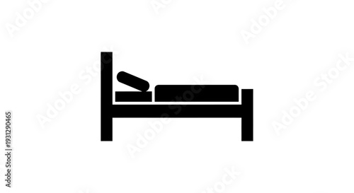 A minimalist black and white silhouette icon representing a single bed with a pillow on a white background, perfect for representing healthcare or hospitality services