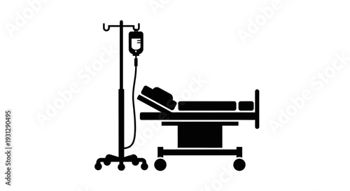 Clean silhouette graphic of a patient in a hospital bed with an intravenous drip stand, symbolizing critical medical care, health challenges, and hospitalization