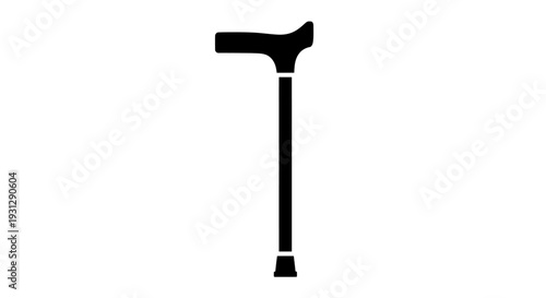 A simple black silhouette of a walking cane, an assistive mobility device for support
