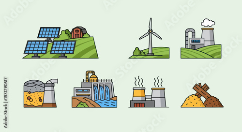 Diverse Renewable and Industrial Energy Sources Illustrated.