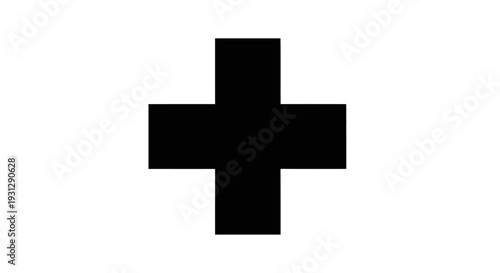 Black cross symbol on a white background, a clean and minimalist flat 2D vector illustration representing healthcare and medical assistance