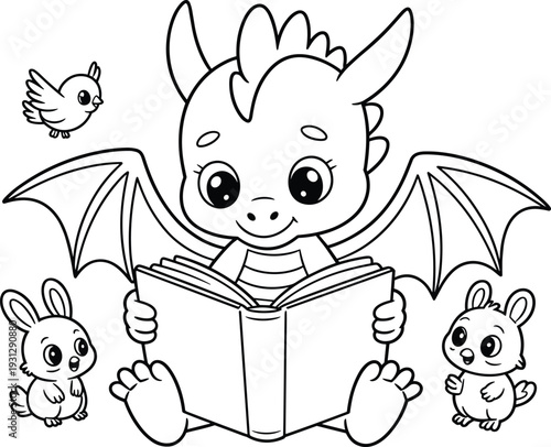 Cute Baby Dragon Reading a Storybook to Rabbit and Bird Friends Coloring Page for Kids Fantasy Illustration